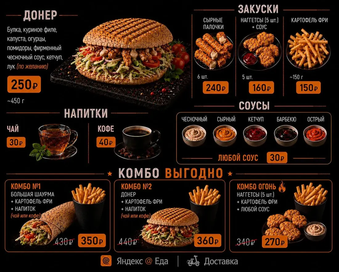 Меню донера, закусок, соусов, напитков и комбо