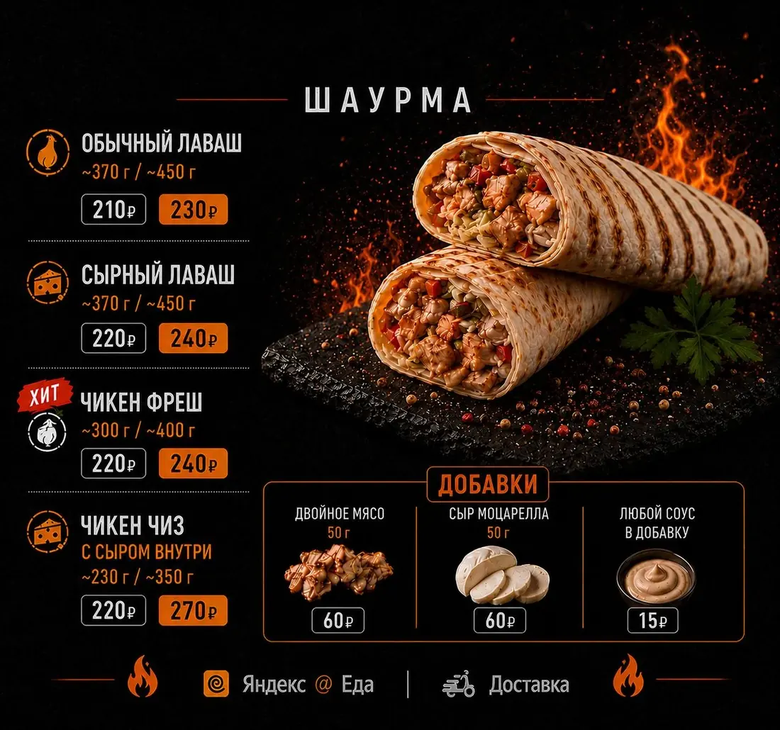 Меню шаурмы и добавок с ценами